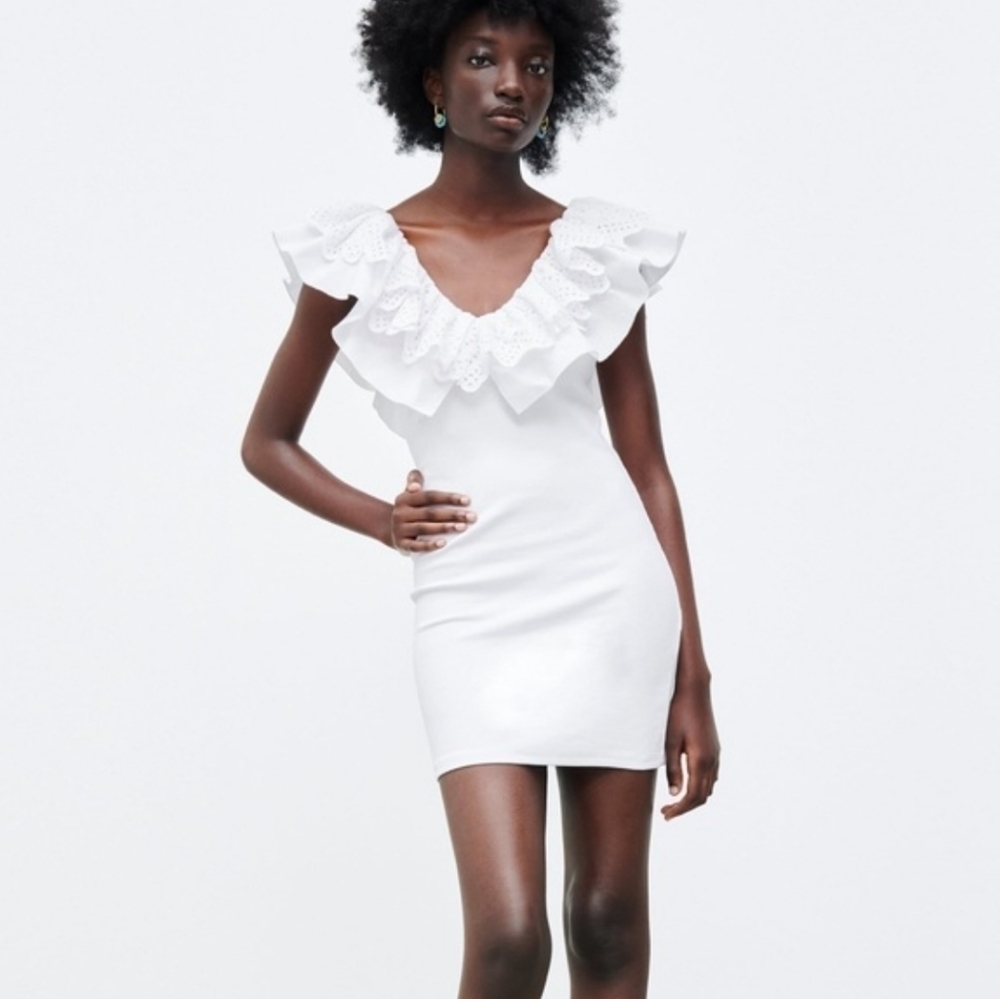 Zara Women’s White Ribbed Ruffle Georgia Dress Bridal LWD Bachelorette